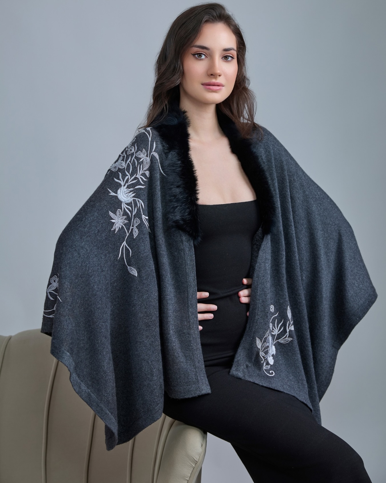 Warning: wearing this may lead to compliments, stares, and unexpected confidence boosts.

[charcoal wool cape, fur collar cape, embroidered wool cape, luxury winter wear, fine wool layering, versatile outerwear, statement cape, elegant winter style, feminine embroidery]

#maneesharuia #scarf #luxurycape #woolandfur #winterlayers #embroideredcape #cozychic #statementlook #femininelayers #wrappedinluxury #fallwinter